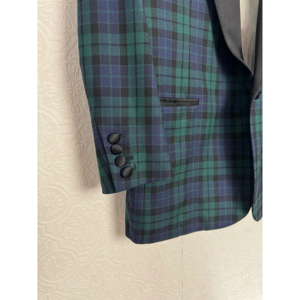 Custom Black Watch Tartan Collar Tuxedo Jacket Green Plaid Formal Suit 42 Short